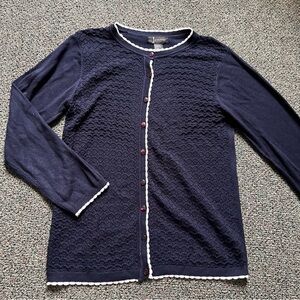 Navy Blue & Scalloped White Hem Stitching Open-Knit Cardigan Sweater Shirt Sz S